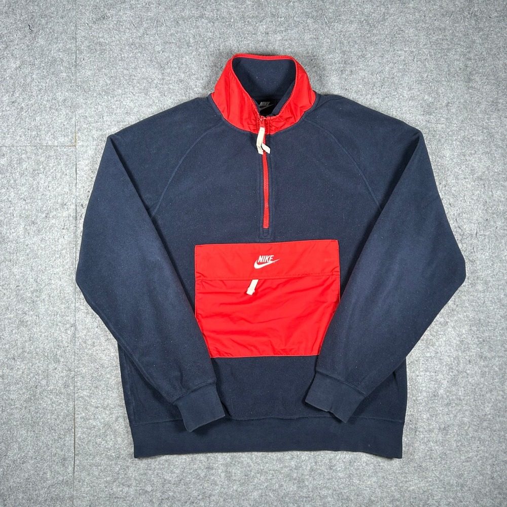 Nike Fleece Pullover Mens Size M Blue Red Quarter Zip Anorak Jacket Vintage
